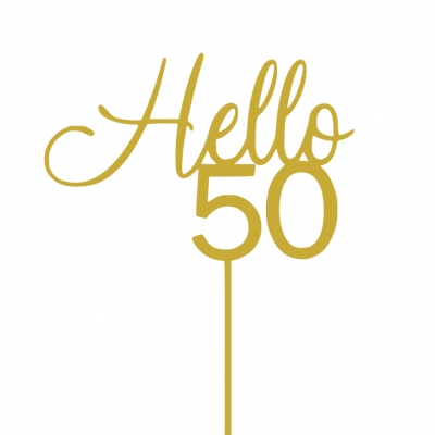 Topper de bolo dourado com texto Hello 50