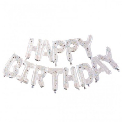 Grinalda 'Happy Birthday' Transparente c/ Confettis