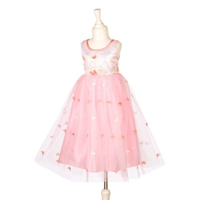 Vestido de criança rosa com saia de tule e detalhes de borboletas num manequim.