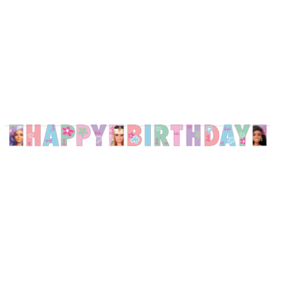 Bandeirola colorida com letras e personagens a dizer HAPPY BIRTHDAY