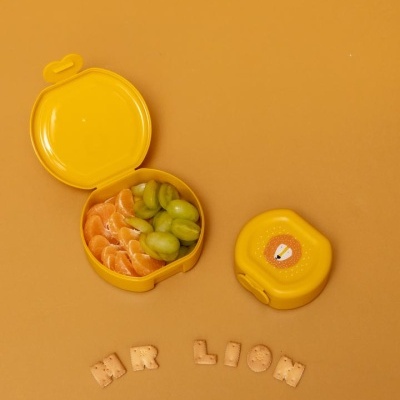 Duas caixas de plástico amarelas com frutas e texto em bolacha MR LION