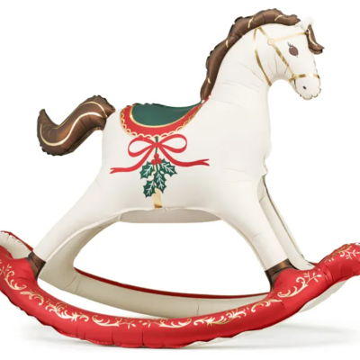 Balanço de cavalo inflável decorativo branco e vermelho