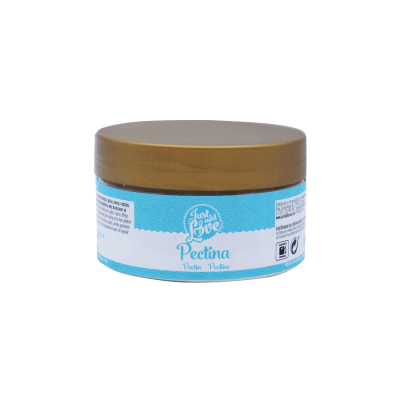 Frasco redondo com tampa castanha e rótulo azul e branco de pectina