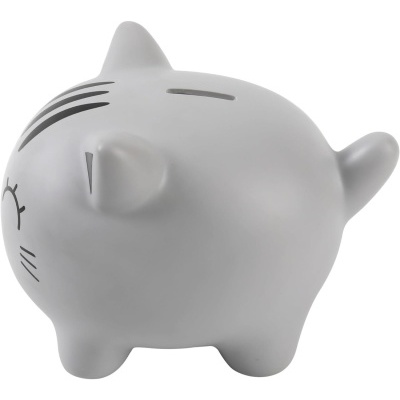 Cofre cinzento em forma de gato com detalhes pretos