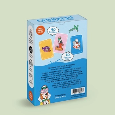 Embalagem azul e branca de jogo de cartas 'The Happy Gang' com ilustrações de peixes e texto em português.