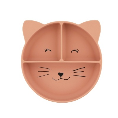 Prato infantil em silicone rosa em formato de gato com divisão em três compartimentos