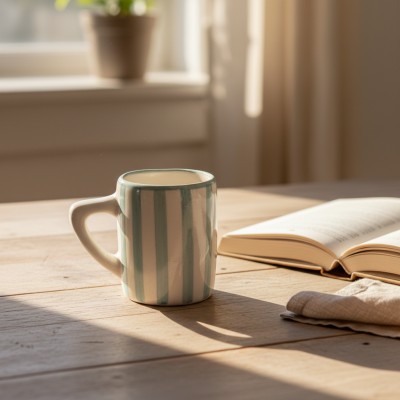 Caneca de cerâmica riscada verde e branca numa mesa de madeira com um livro aberto e um pano ao lado