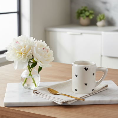 Jarro de vidro com flores brancas, caneca branca com corações pretos, colher dourada e toalha bege sobre base de mármore numa mesa wooden