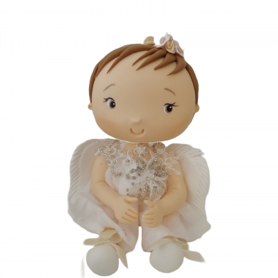 Boneco bebé anjo branco com asas e renda sentado
