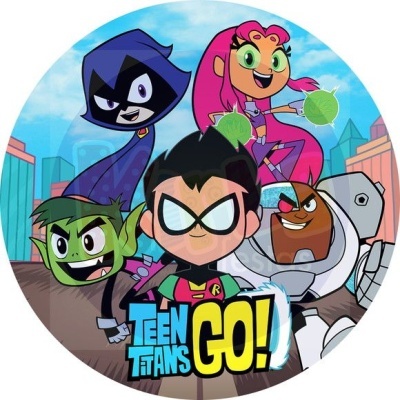 Personagens animados dos TEEN TITANS GO! com fundo de cidade colorido e texto colorido no centro