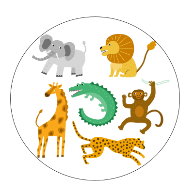 Ilustrações de seis animais ao estilo cartoon num círculo branco.