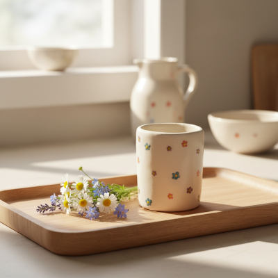 Conjunto de cerâmica com flores coloridas sobre bandeja de madeira