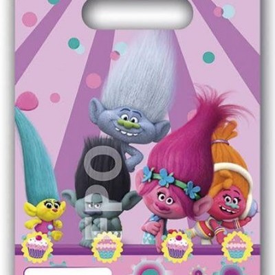 Sacola de festa rosa com personagens dos Trolls coloridos e alça recortada