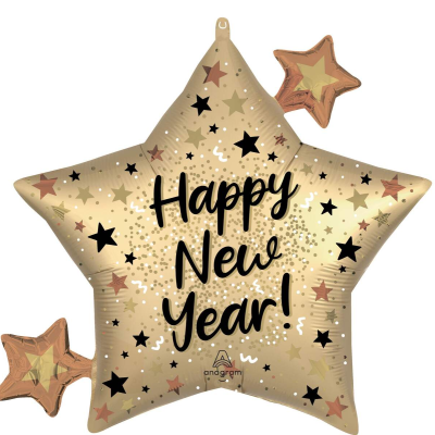 Balão estrela dourado com texto Happy New Year e estrelas decorativas