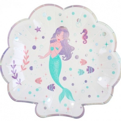 Prato descartável formato concha com sereia e peixes coloridos