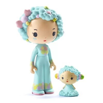 Duas figuras decorativas de meninas com vestido azul e cabelo de flores azul em relevo