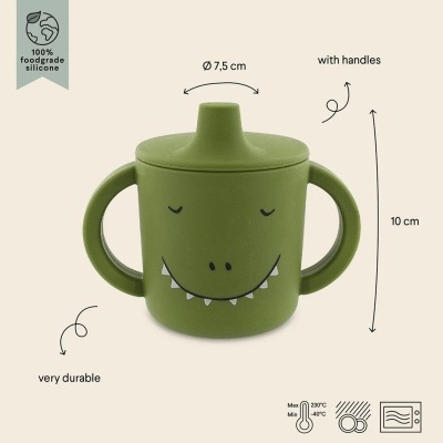 Copo verde de silicone para crianças com duas pegas e rosto sorridente