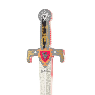 Espada decorativa em papel ou cartão com cores cinza, dourado e vermelho