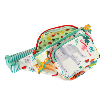 Pochete infantil colorida com padrão de animais e frutas