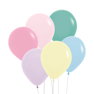 Seis balões coloridos em látex com cordões finos