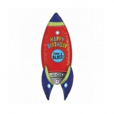 Balão em forma de foguetão vermelho e azul com texto de aniversário