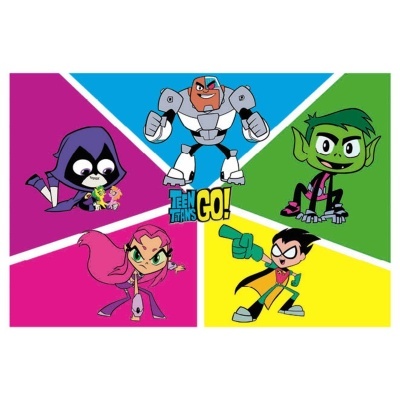 Ilustração dos personagens Teen Titans Go! em cinco secções coloridas com o logo no centro.