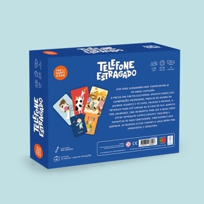 Caixa do jogo de cartas 'Telefone Estragado' azul com ilustrações e texto em português