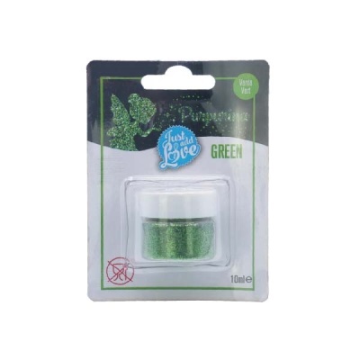 Pote pequeno de purpurina verde em embalagem de cartão branco com verde e tampa branca.