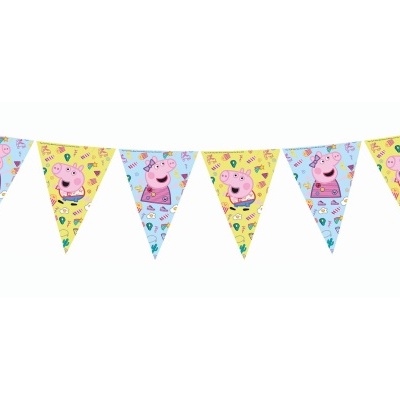 Guirlanda de bandeirolas triangulares com tema Peppa Pig em tecido colorido