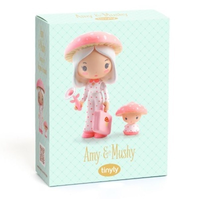 Brinquedo Amy & Mushy com figura feminina e cogumelo em embalagem azul