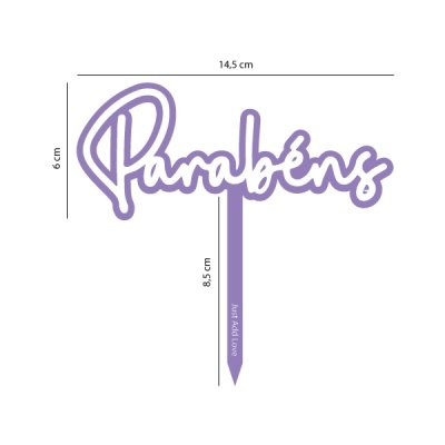 Topo de bolo acrílico lilás 'Parabéns' com dimensões