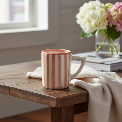 Caneca de cerâmica rosa com riscas brancas numa mesa de madeira ao lado de flores e tecido bege.