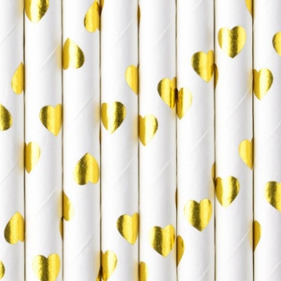 Canudos de papel brancos com corações dourados