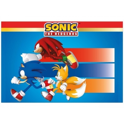 Personagens Sonic, Tails e Knuckles, com fundo azul e texto SONIC THE HEDGEHOG