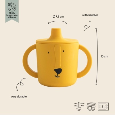 Copo amarelo de silicone com duas pegas e design de cara de urso