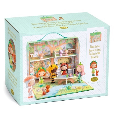 Caixa de brinquedo Tinyly com casinha de bonecas e cinco bonecos coloridos