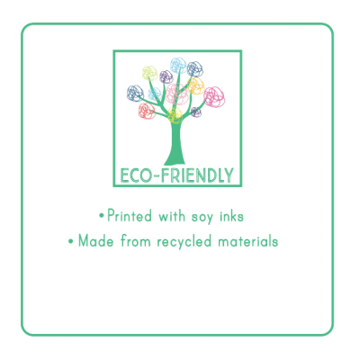 Etiqueta eco-friendly com ilustração de árvore e texto em inglês