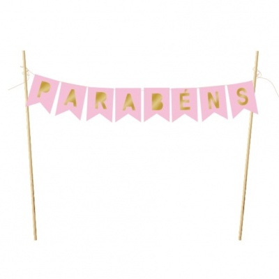 Topo de bolo grinalda Rosa bebé - Parabéns