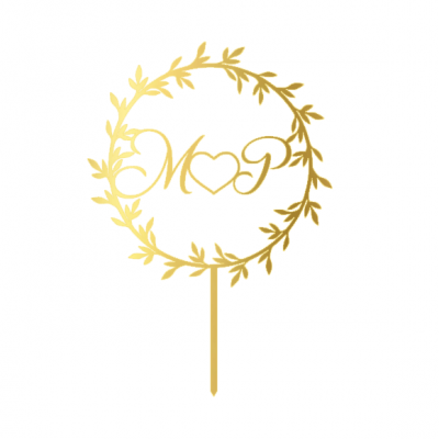 Topo para bolo dourado em forma de círculo de folhas com letras M e P e coração.