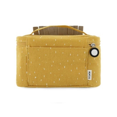 organizador de bolsa amarelo com padrão de linhas brancas e bolso frontal