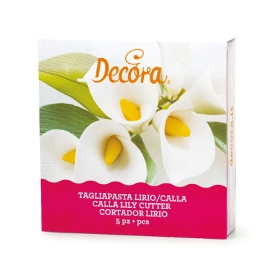 Embalagem branca e vermelha de cortador de lírios com imagem de lírios brancos e texto multilingue