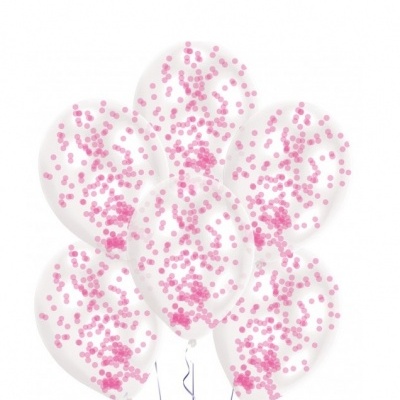 6 balões transparentes com confetti rosa fuschia