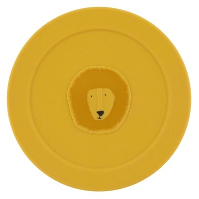 Prato redondo amarelo com cabeça de leão ilustrada ao centro