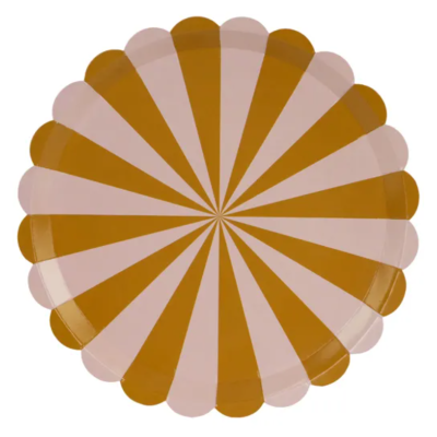 Prato descartável redondo com listras castanhas e bege