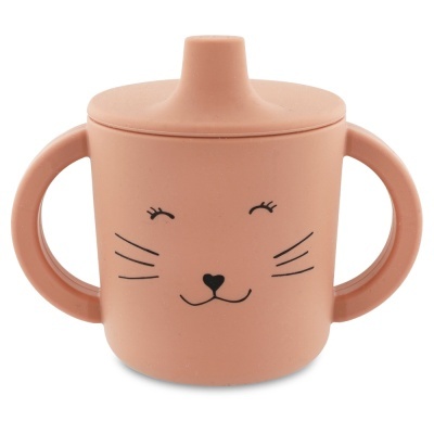 Caneca infantil cor de rosa com rosto de gato e tampa