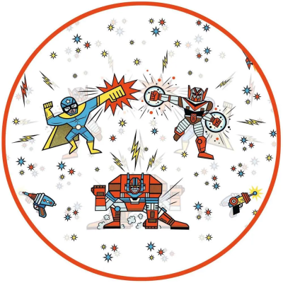 Desenho animado circular com super-heróis robóticos coloridos e estrelas
