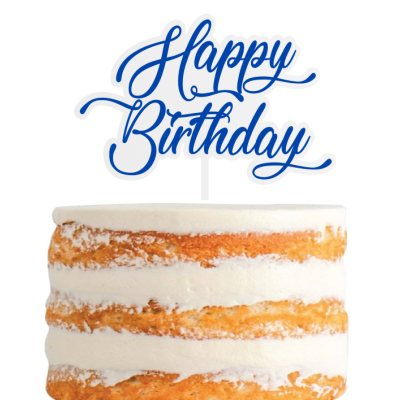 Bolo com decoração 'Happy Birthday' azul em suporte no topo
