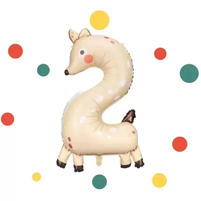 Balão número 2 em forma de animal bege com manchas e círculos coloridos