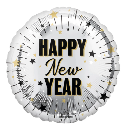 Balão redondo metalizado prateado com texto 'HAPPY New YEAR' e estrelas decorativas