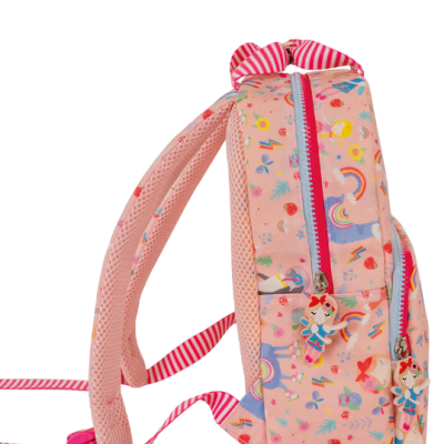 Mochila cor-de-rosa decorada com unicórnios, arco-íris e estrelas, com puxadores de bonecas e alças com riscas